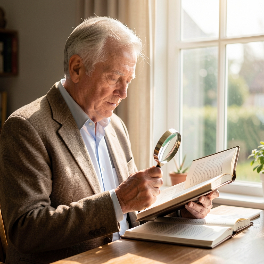 Older man studying a notebook and magnifying glass beside a sunlit window — Stolvek editorial
