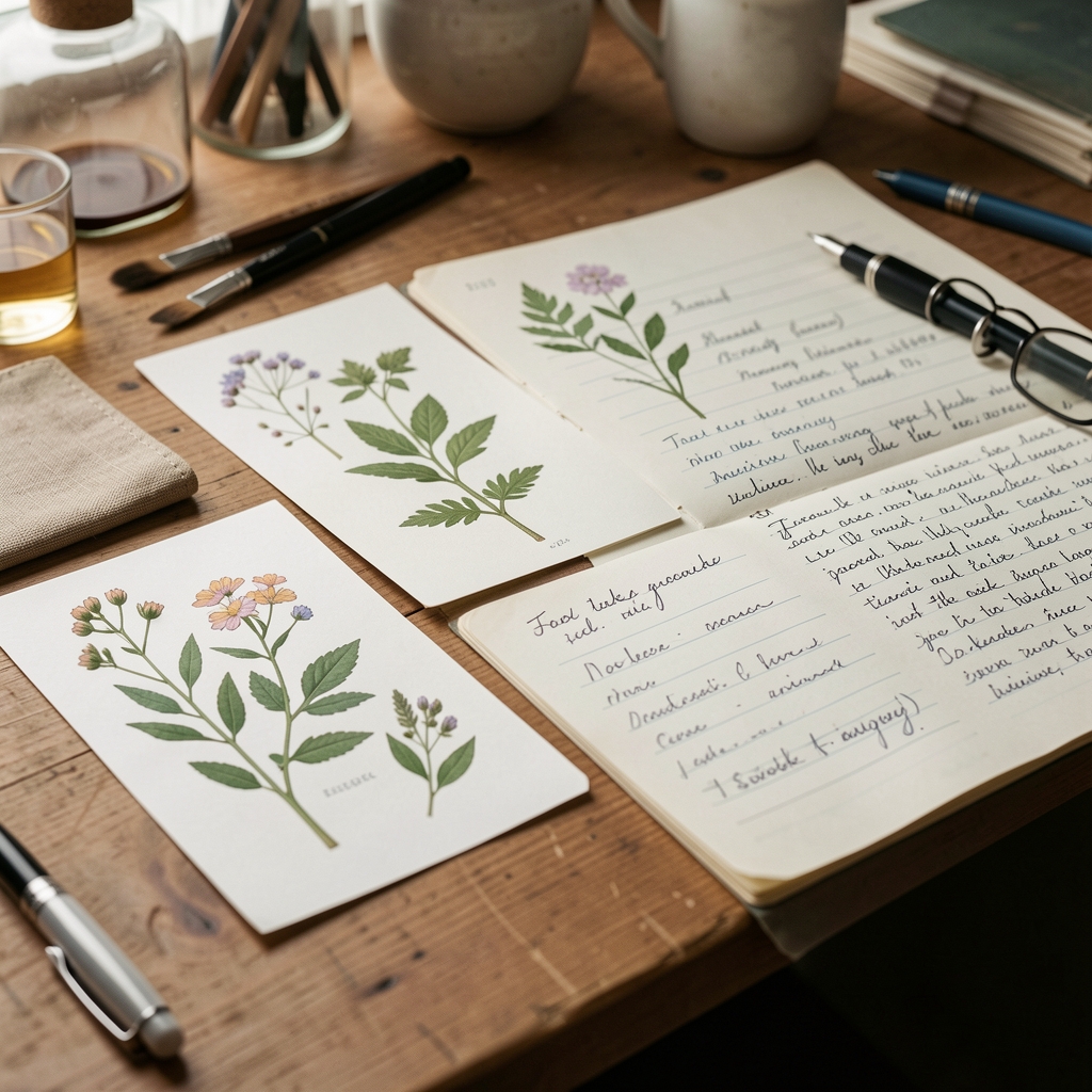 Botanical specimen cards and handwritten research notes on a studio table — Stolvek editorial