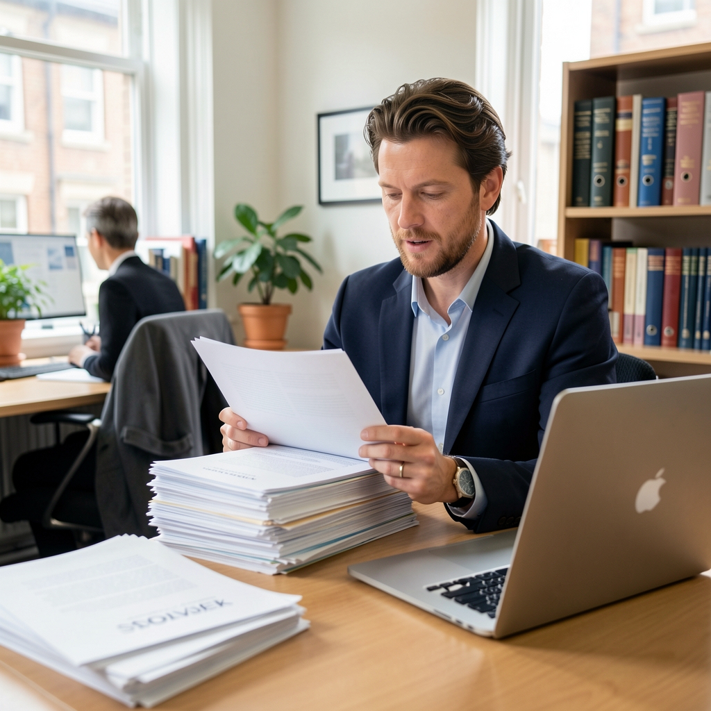Editorial lead reviewing a stack of printed research papers at a desk with a laptop in a Nottingham office — Stolvek editorial