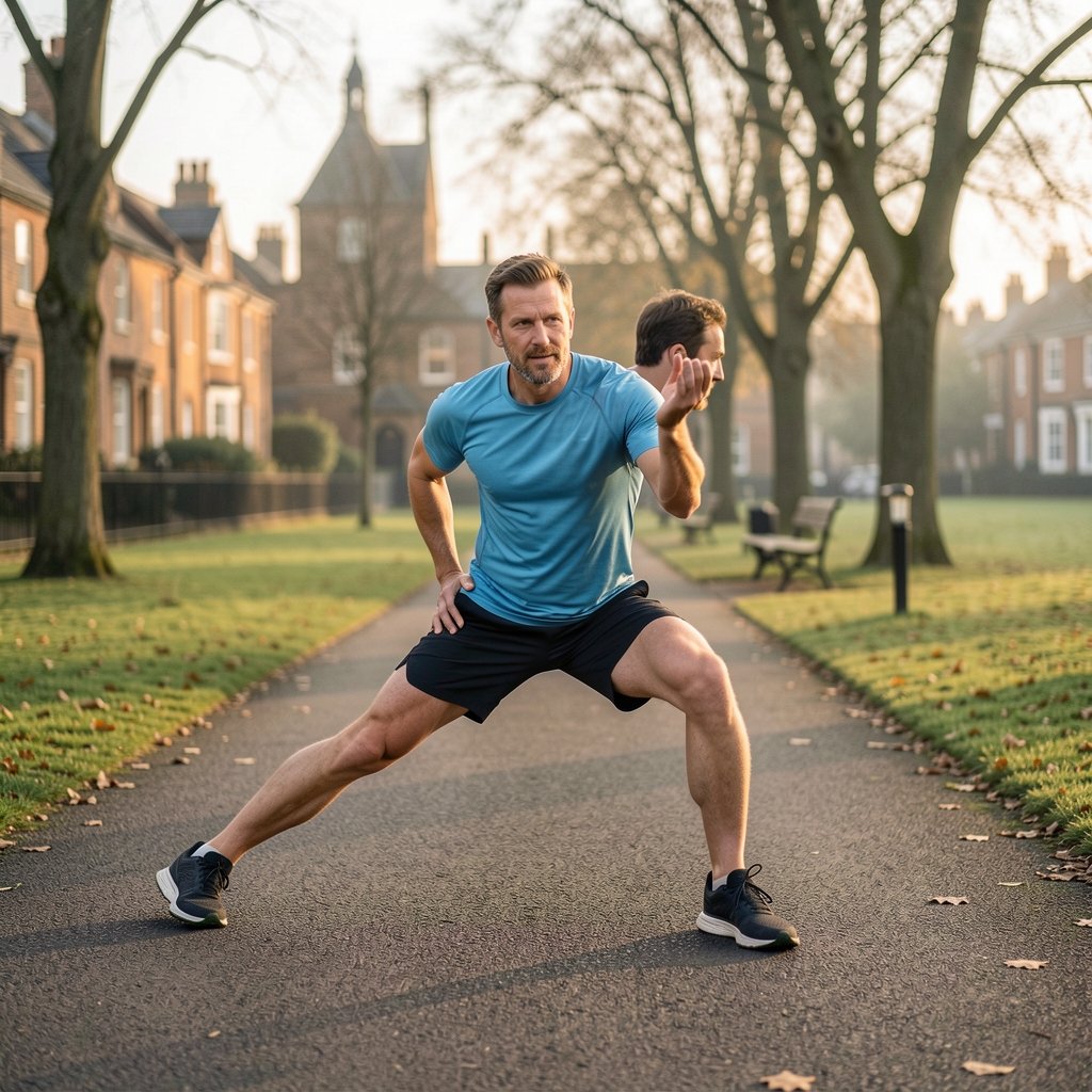 Man in his forties stretching on a park path in Nottingham during an early morning run — Stolvek editorial