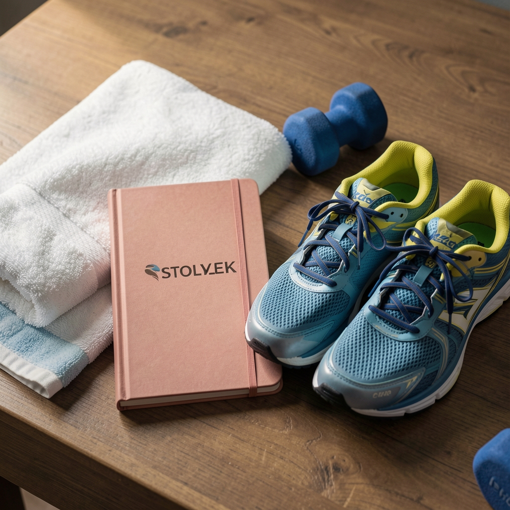 Training journal and running shoes beside a gym towel — Stolvek editorial