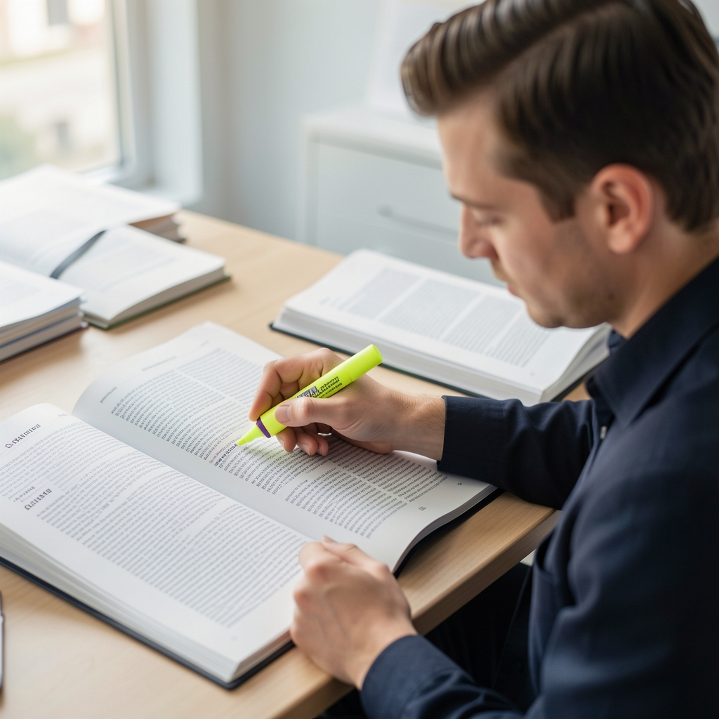 Research editor cross-checking citations against printed journal pages using a highlighter — Stolvek editorial