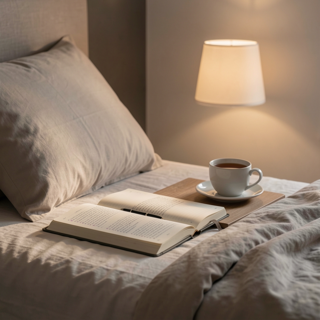 Sleep journal, cup of tea and bedside lamp in a quiet evening room — Stolvek editorial