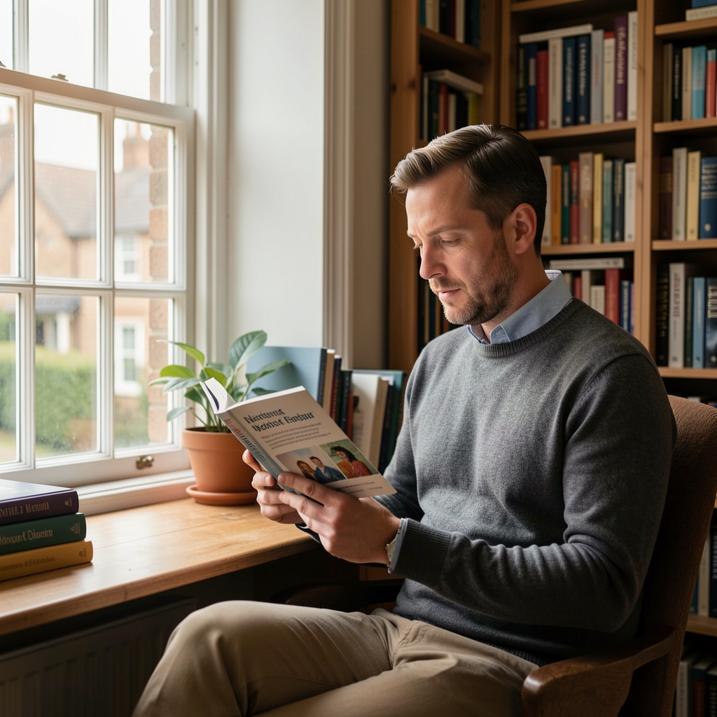 Man reading a health journal beside a window in a calm Nottingham study — Stolvek editorial