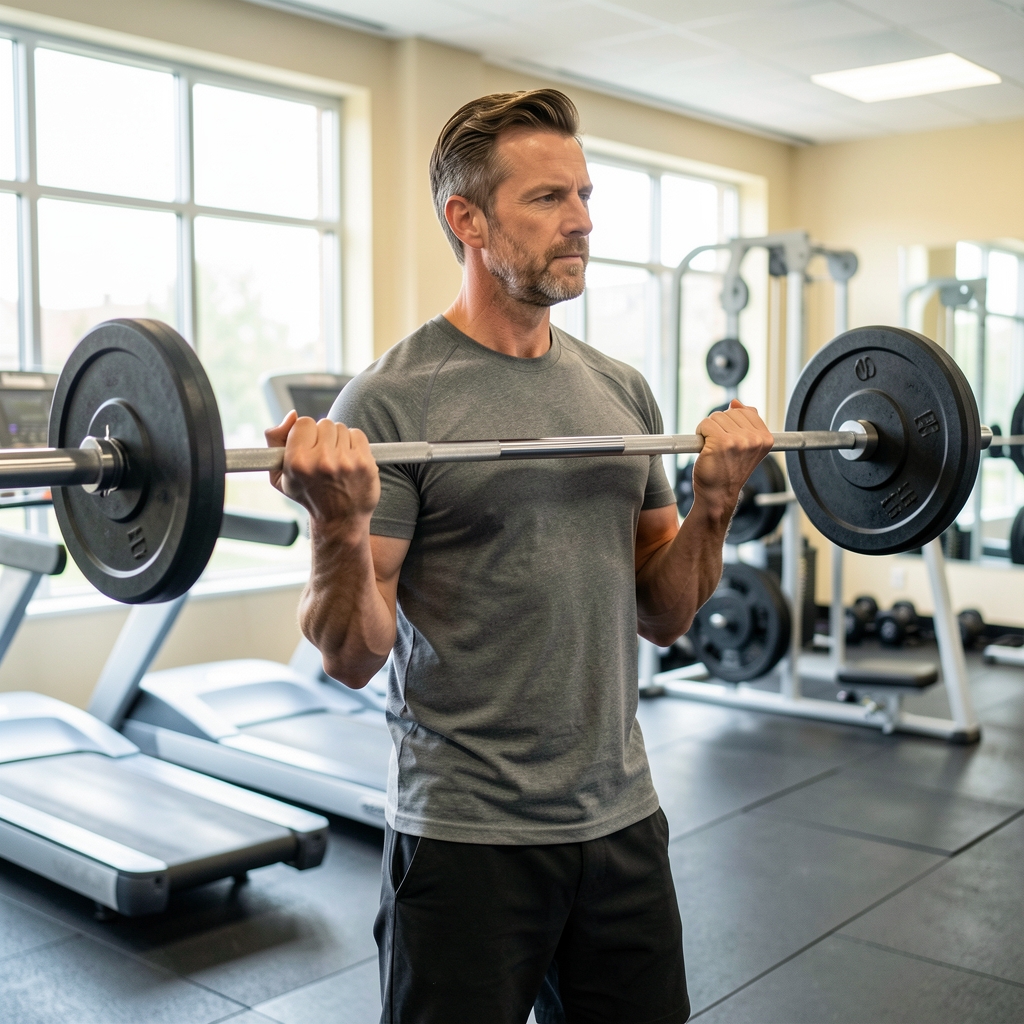 Man in his forties lifting a light barbell in a bright community gym — Stolvek editorial