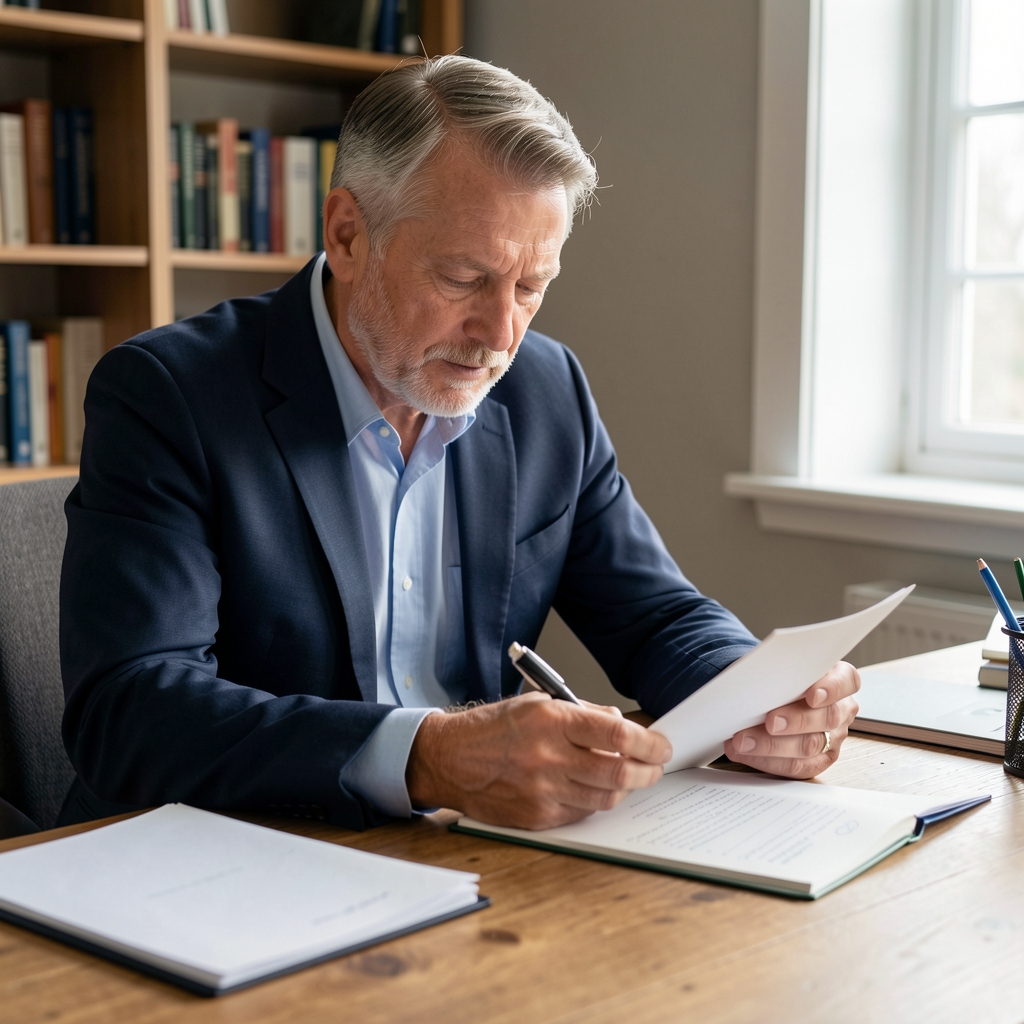 Mature man reading research notes at a wooden desk — Stolvek editorial