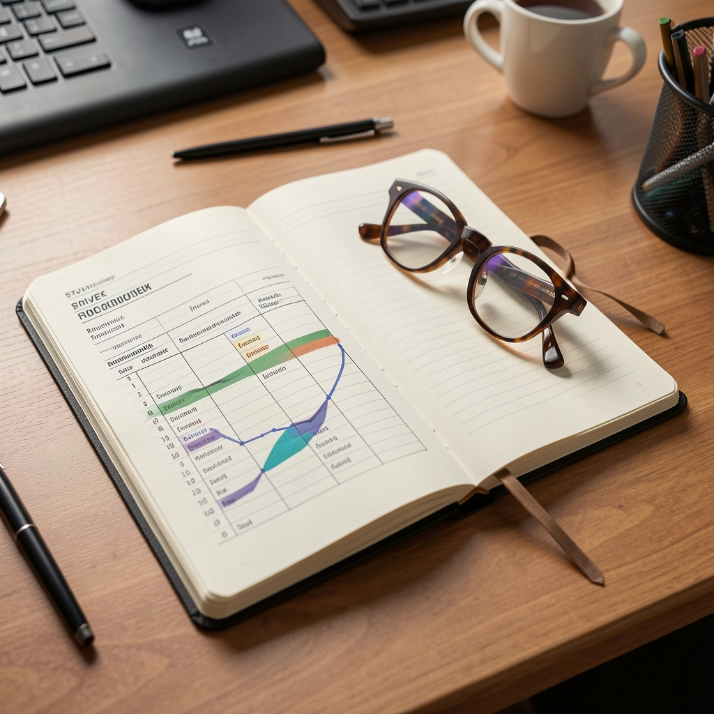 Research notebook with hormone chart and reading glasses on a desk — Stolvek editorial