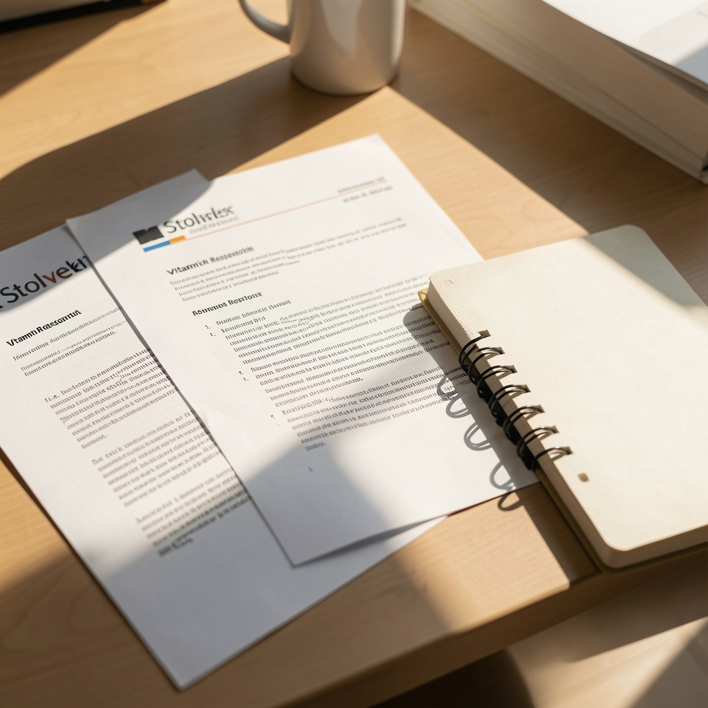 Sunlight across vitamin research papers and a notebook — Stolvek editorial