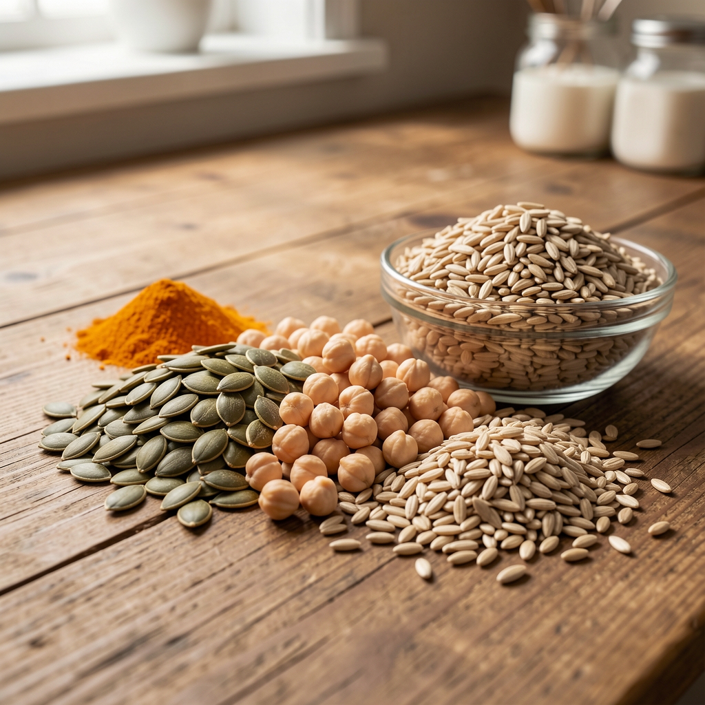 Pumpkin seeds, chickpeas and whole grains arranged on a kitchen table — Stolvek editorial
