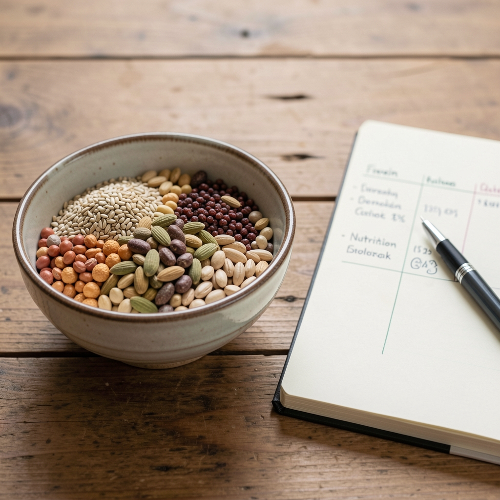 Ceramic bowl of seeds and legumes beside a nutrition notebook — Stolvek editorial