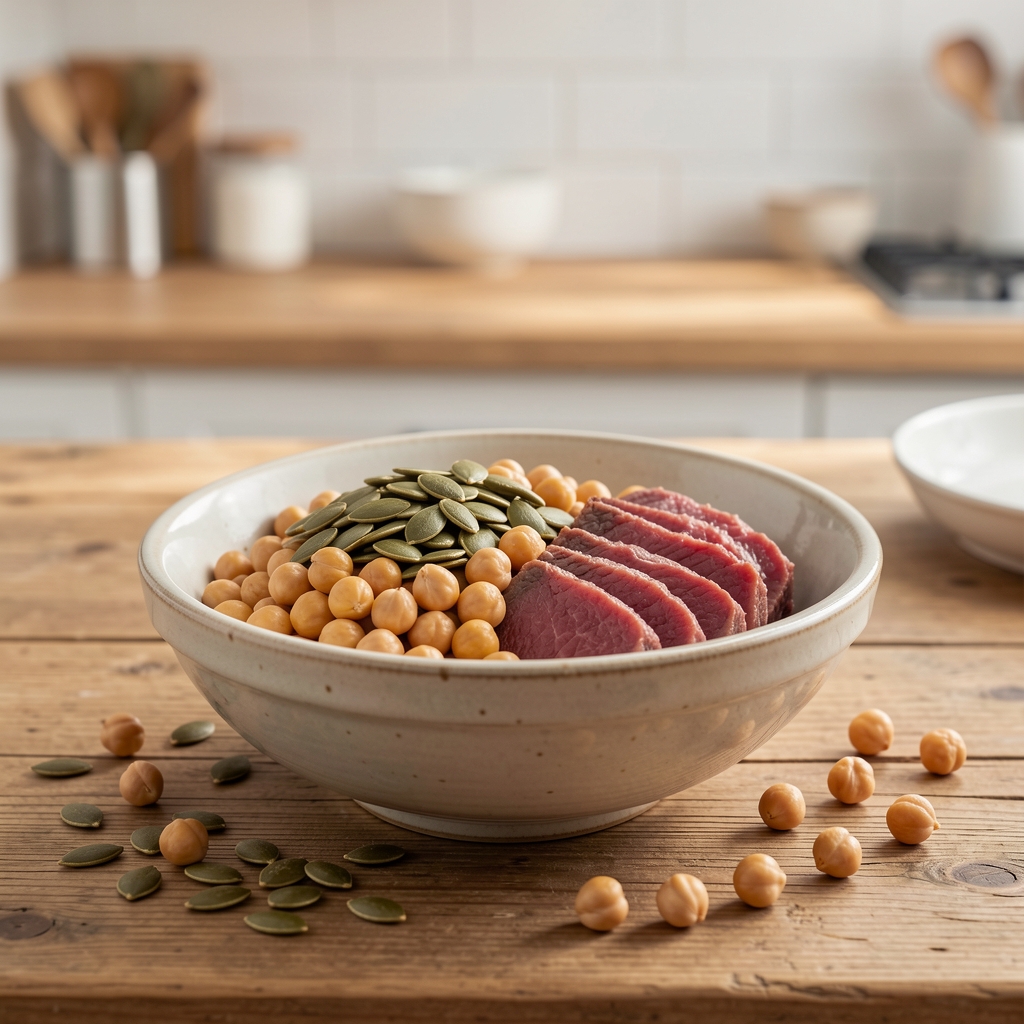 Bowl of pumpkin seeds, chickpeas and lean meat arranged on a kitchen table — Stolvek editorial